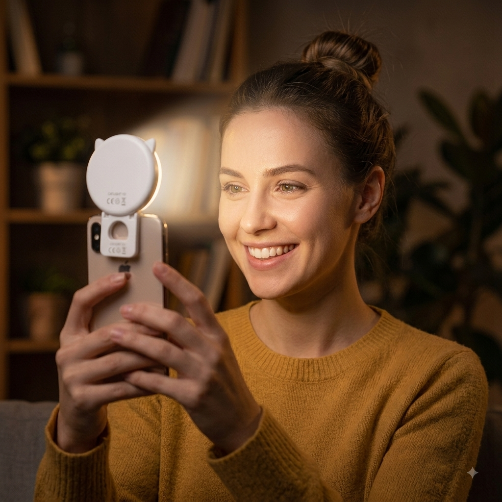 Luz Selfie CatLight en uso en un celular
